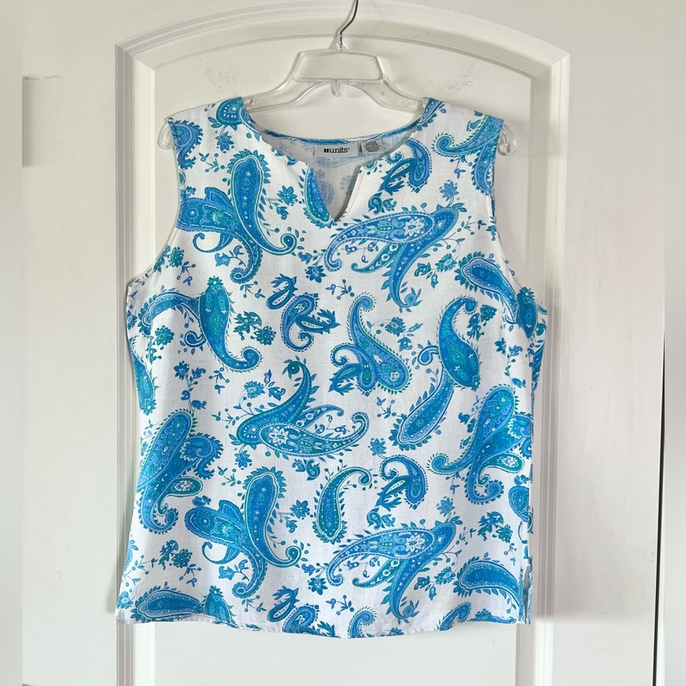 Vintage Blue, white and green Paisley and Floral print Linen Blouse by units